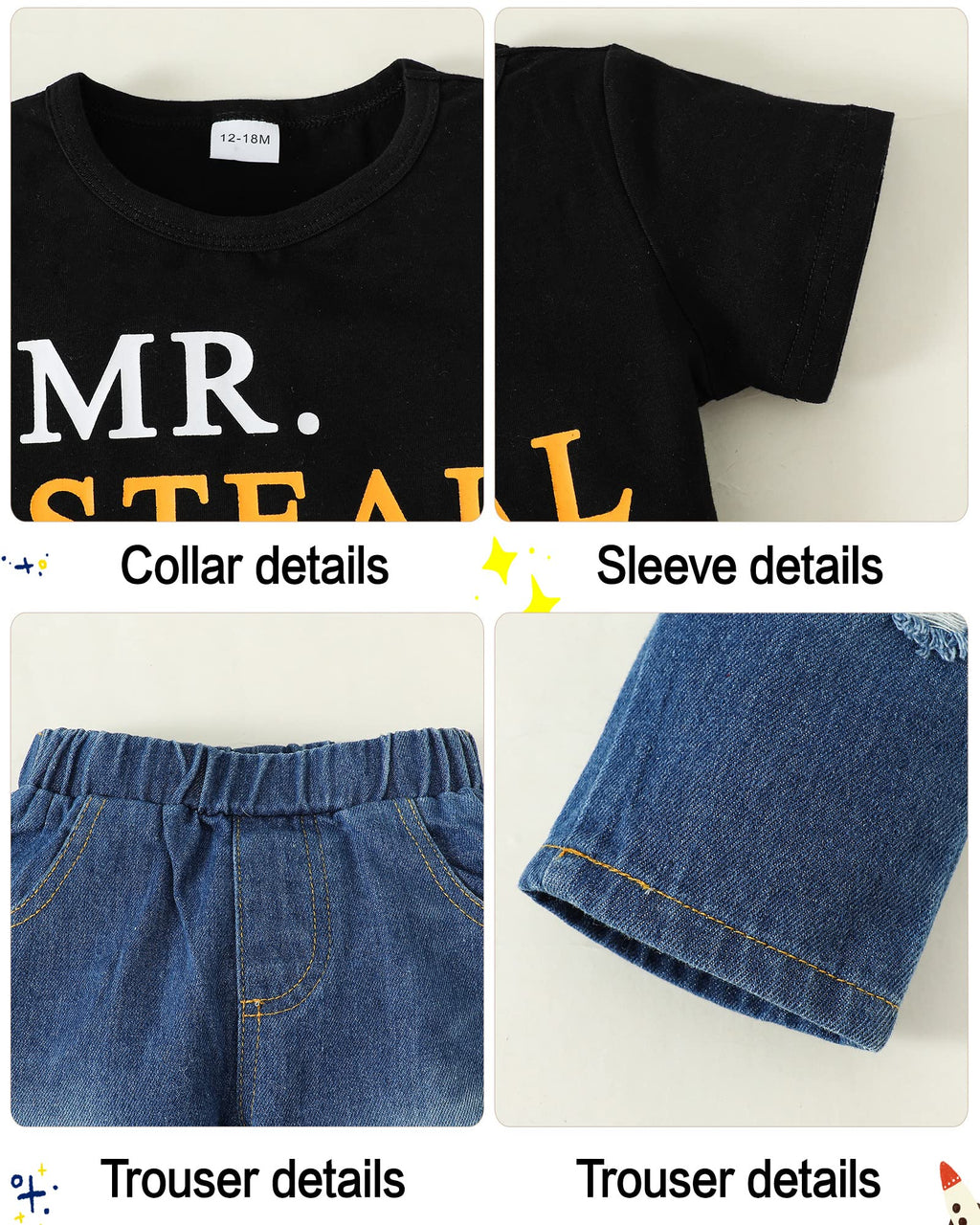 YALLET Toddler Boy Clothes 1-5T Boys Outfits Infant Short Sleeve T-Shirt Ripped Jeans 12 18 24 Months Baby Clothing Pants Set
